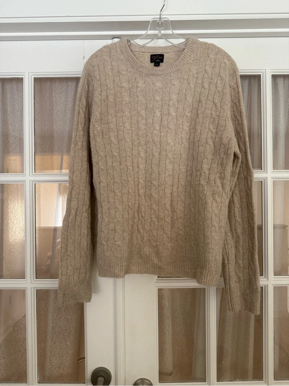 Men’s Beige 100% Cashmere Cable Knit Crewneck Sweater